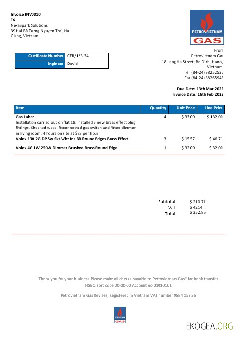 Modèle de facture de services publics de Vietnam Petrovietnam Gas aux formats Word et PDF